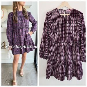 LDT Babydoll Polka Dot Jewel Neck  Balloon Sleeve Tiered Dress Size 6